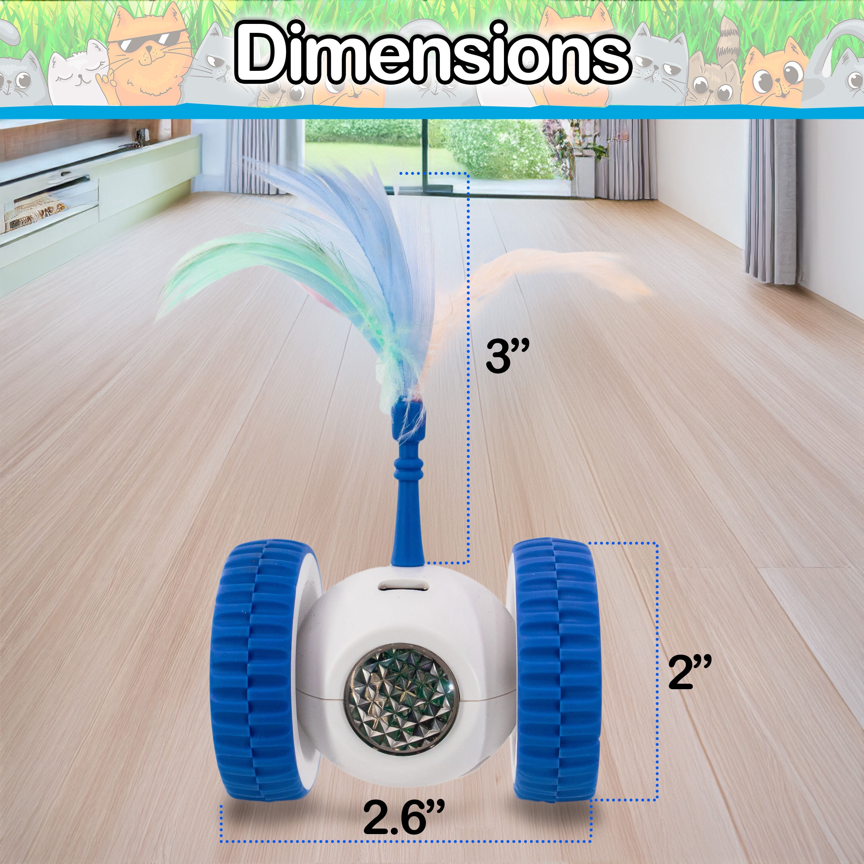 Interactive Cat & Dog Toy LED Lights, Wheels, & Moving Teaser Feather Wand - USB Rechargeable Automatic Moving Kitten Ball Toy for Exercise and Play