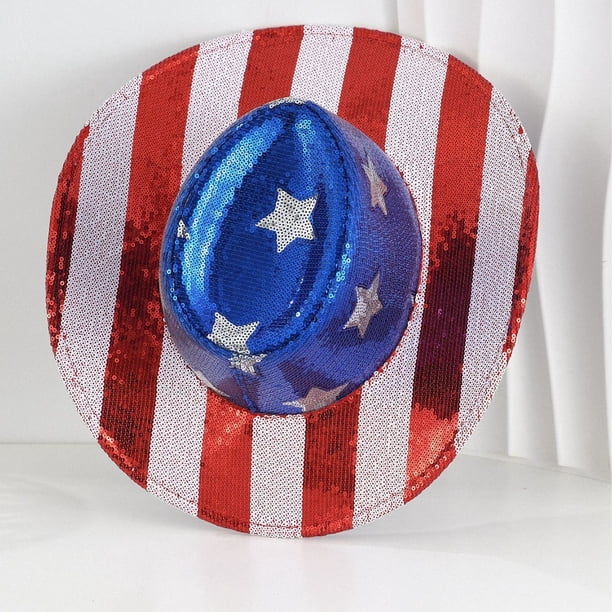 Sequin Cowboy Hat Patriotic Red White Blue Western Headwear Festival Party USA American Flag Sequin Cowboy Hat 4th of July Patriotic  main image 2