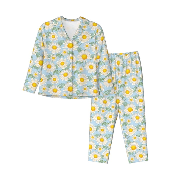 Fotbe Daisies Flowers Conjunto de Pijama de Manga Larga para Mujer con Estampado, Ropa de Dormir de 2 Piezas, Conjunto de Casa Suave y Cómodo con Bolsillos-Large