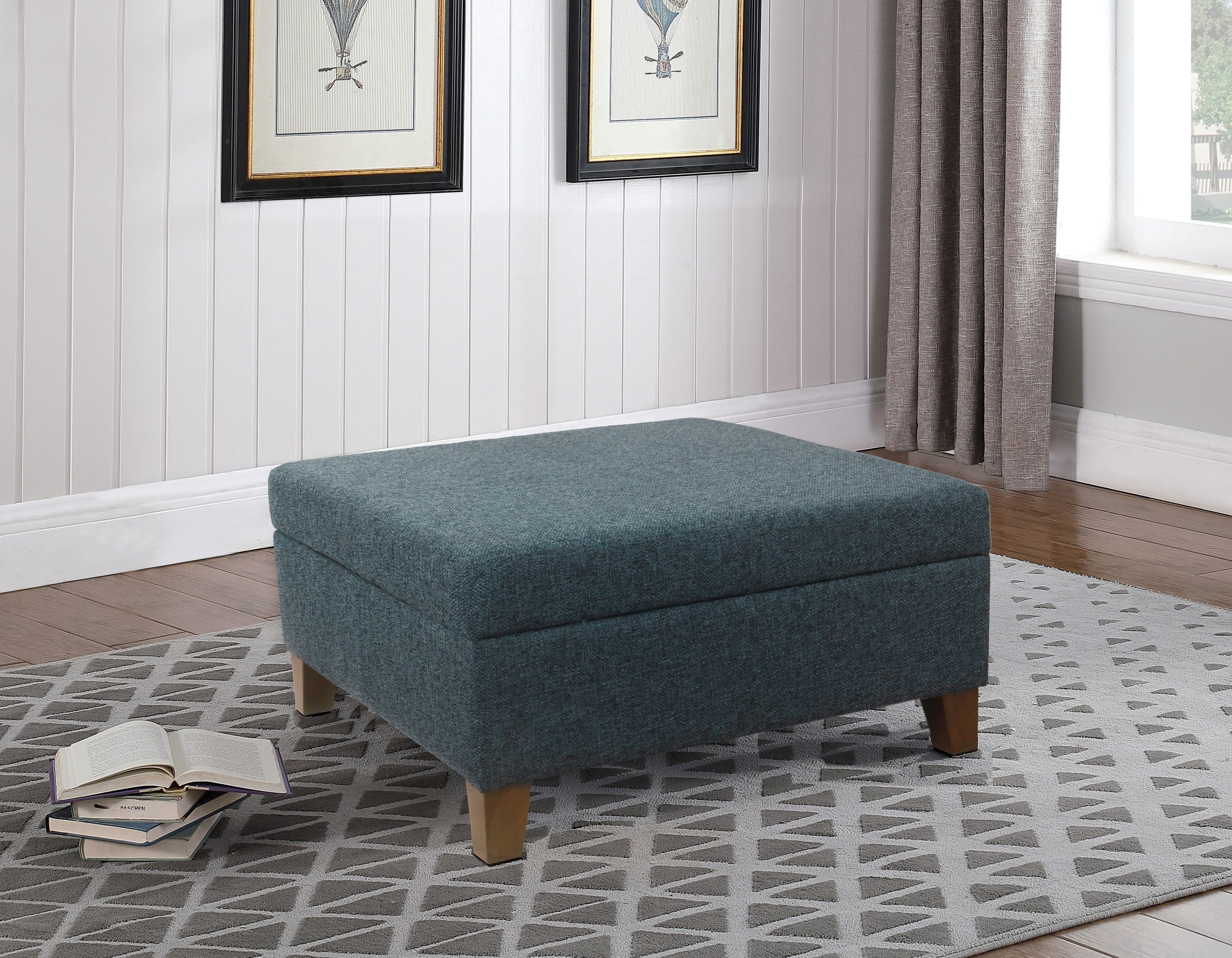 HomePop Luxury 32" Square Transitional Fabric Storage Ottoman in Textured Navy