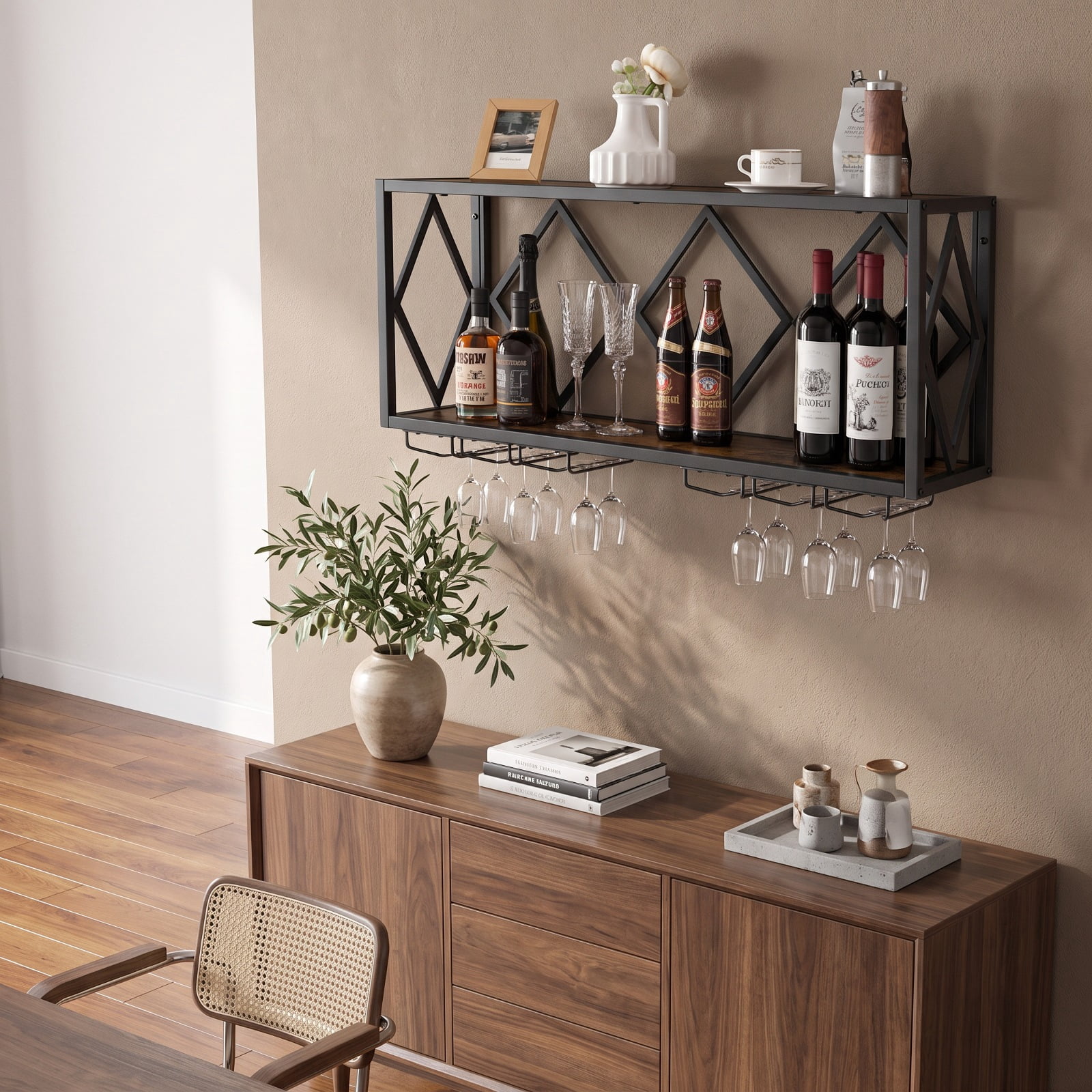 RUIE Wall Mounted Wine Rack for 39 Bottles and 12 Glasses, Metal Wood Hanging Wine Bottle Holder with Stemware Rack for Kitchen - Rustic Brown Black