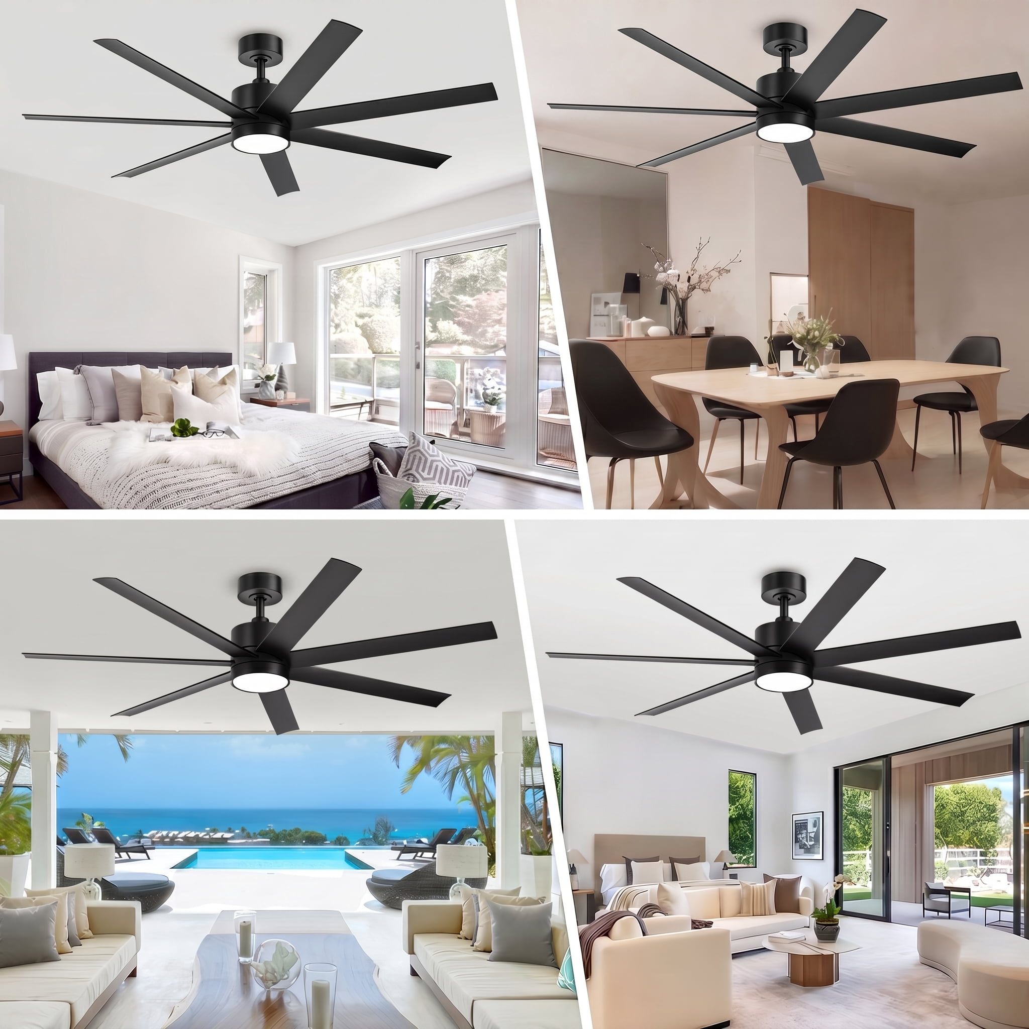 56" Outdoor Ceiling Fans for Patios Waterproof, All Weather UV Coating ABS 7 Blades Large Airflow Modern Black Wet Rated Fan for Exterior Outside Porch Gazebo Garage, 3CCT Dimmable Quiet DC Motor