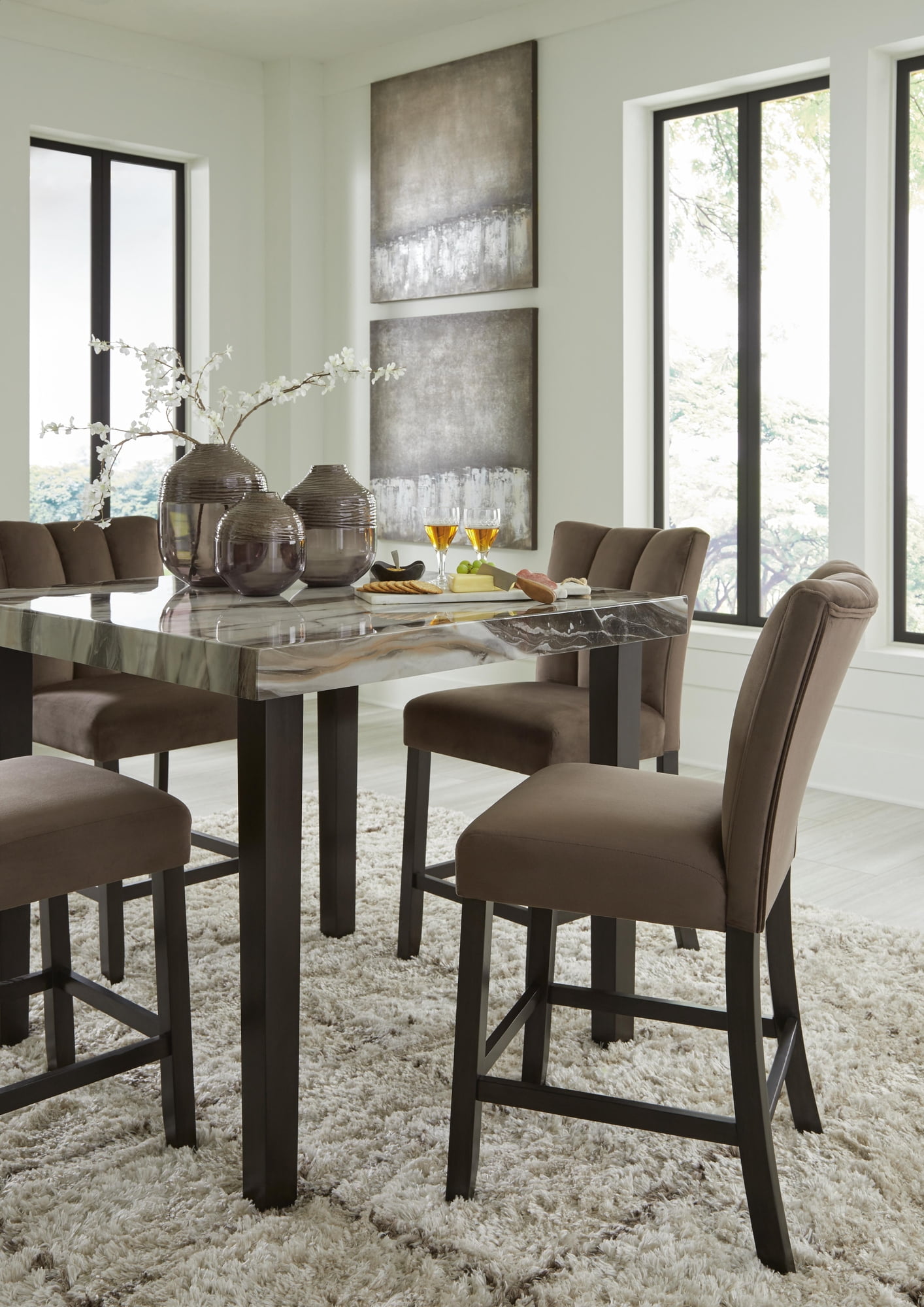 Signature Design by Ashley Zendalia Upholstered Counter Height Bar Stools - Set of 2, Mocha Brown Velvet with Channel Stitching