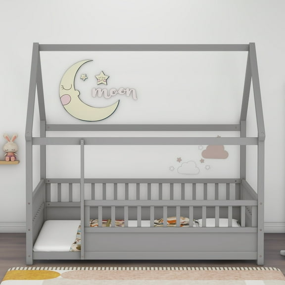 Pinovk Full Size Floor Wooden Bed with House Roof Frame, Fence Guardrails,Grey