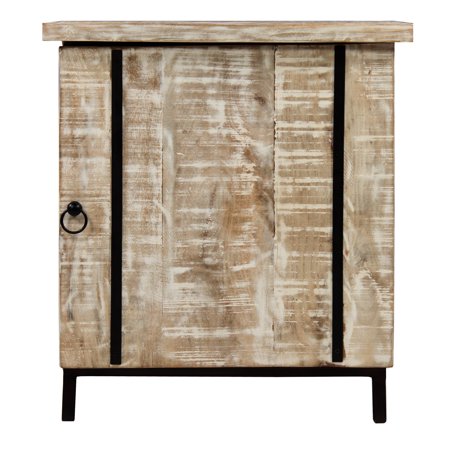 CoSoTower Wooden Bedside Table With 1 Door And Metal Frame, Antique White And Black