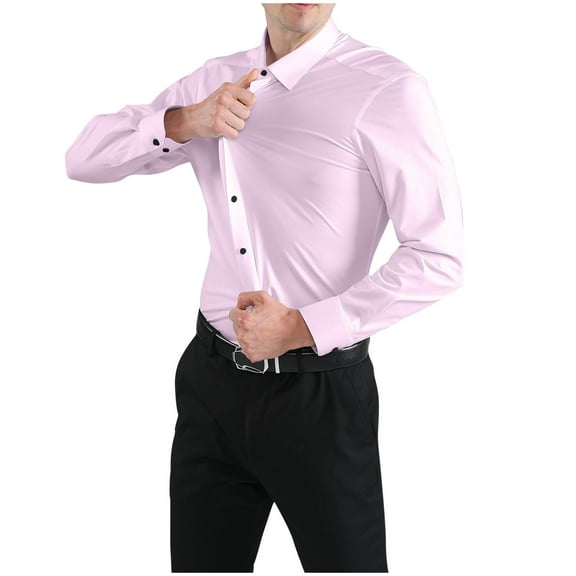 lkfuzj Mens Casual Fashion Solid Elastic Fabric Turndown Collar Buttons Tops Shirts 2024 Mens Dress Shirts Cool TShirts Tops For Men Pink
