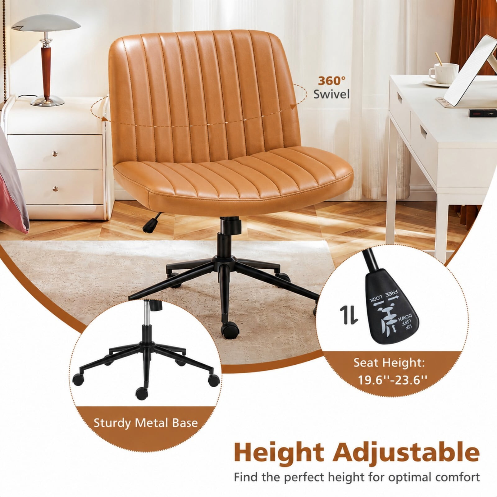 Kelno Armless Criss Cross Office Chair with Wheels 300lb Capacity Wide Seat Cross Legged Desk Chair Height Adjustable Swivel Vanity Chair, Brown PU