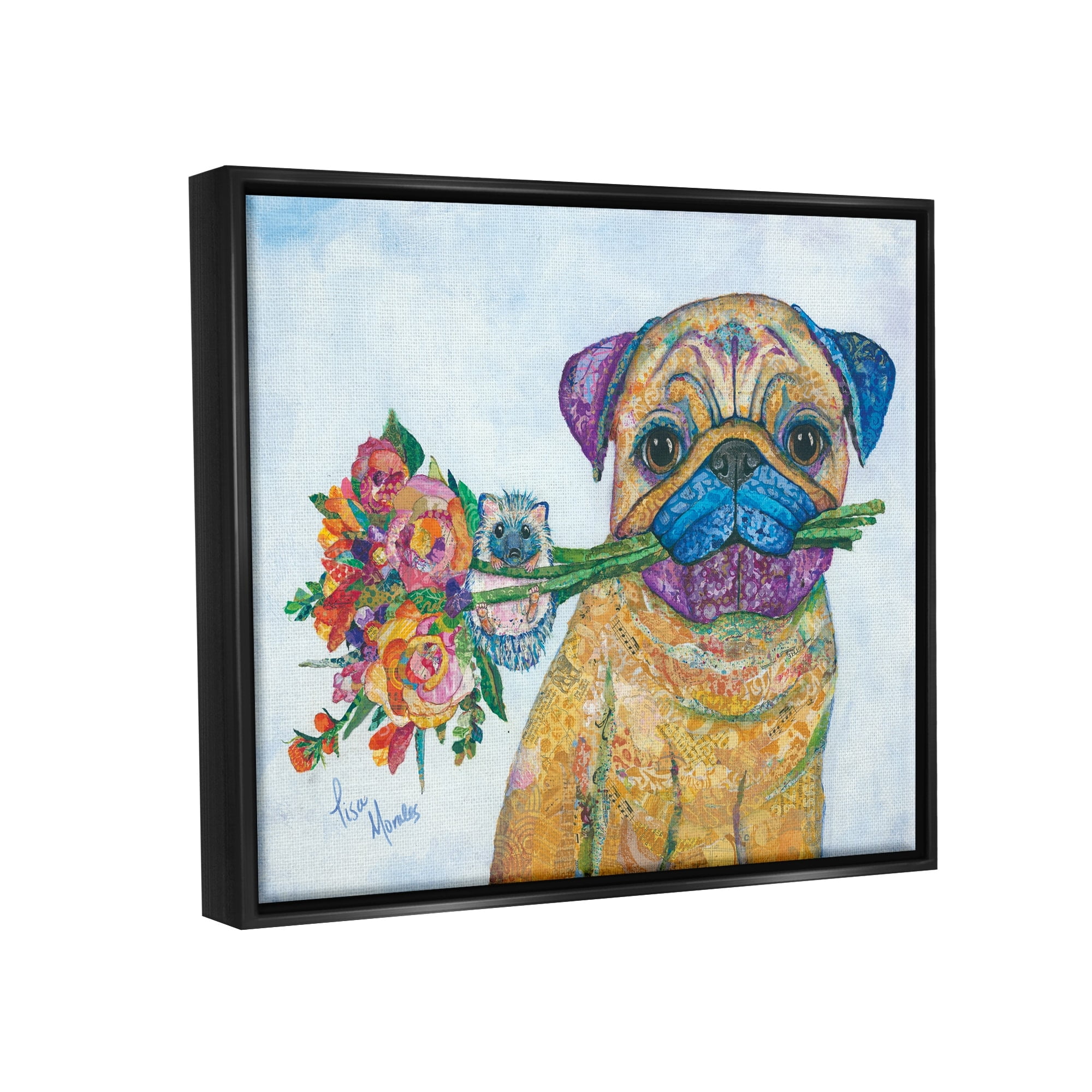 Stupell Industries Pug & Hedgehog Layered Paisley Patterns Animals Collage Painting Metallic Gold Floating Framed Canvas Print Wall Art, Design by Lisa Morales