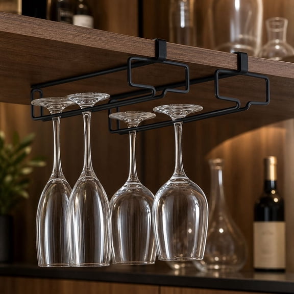 2-Pack Under-Cabinet Stemware Rack – Black Metal Wine Glass Holder for Kitchen Shelves, Wine Cabinets, and Home Bars, Hanging Storage Organizer for 3 to 4 Glasses Each