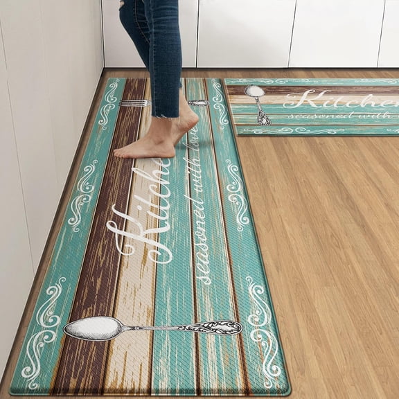 Teal Farmhouse Anti-Fatigue Kitchen Rug Set of 2 Brown Knife Fork Rustic Vintage Cushioned Floor Standing Mat Waterproof Non-Slip Kitchen Mat and PVC Ergonomic Comfort Foam Rug