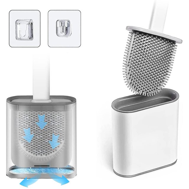 Paquete de 2 escobillas de inodoro de silicona con soporte, juego de limpiador de inodoro flexible para limpieza profunda de huecos de inodoro, con mango antideslizante y cepillos suaves