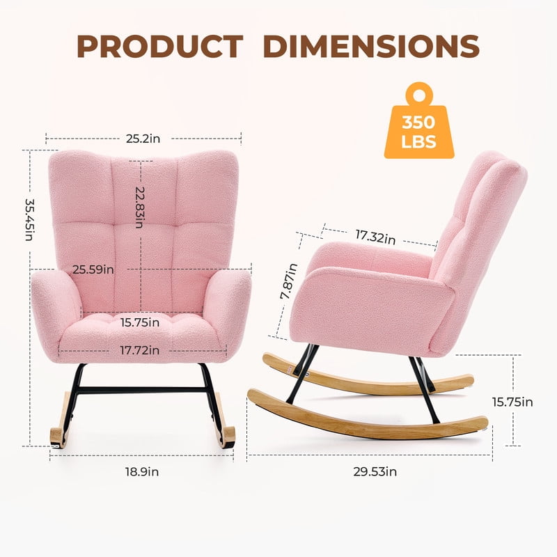 Gianna Rocking Chair with High Backrest, Teddy Upholstered Indoor Reading Glider Chair with Comfy Seat for Bedroom, Living Room, Pink