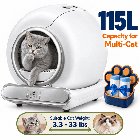 Self Cleaning Litter Box, 115L Capacity Automatic Cat Litter Box with Waste Bin, APP & Panel Control, 2.4GHz WiFi, 35dB Quiet, Ion Odor Control, Smart Litter Box for Multiple Cats