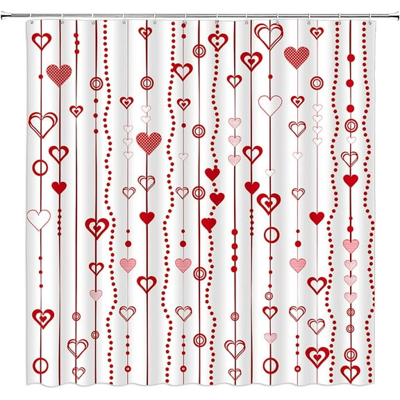Heart Shower Curtain Valentine''s Day Red Heart Geometric Striped Polka Dot Romantic Sweet Couple Fabric Bathroom Decor Curtain with Hooks,Red White