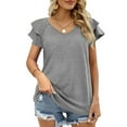 thumbnail image 4 of Luxtrada - Camisetas de verano para mujer, con volantes, manga corta, cuello en V, informales, holgadas (gris, L), 4 of 6