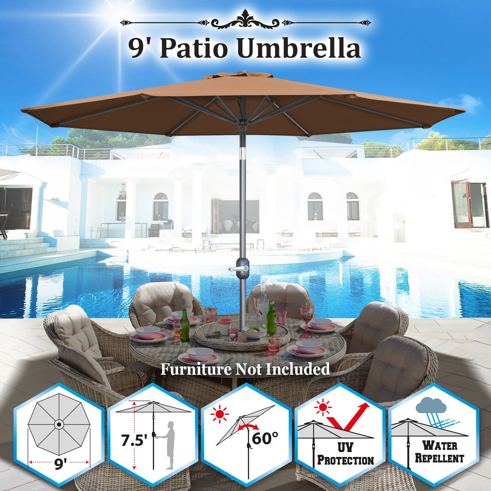 Sunrise 9 Outdoor Umbrella With 8 Ribs Tilt And Crank Patio Garden Market Sunshade Umbrella Brown Walmart Com Walmart Com