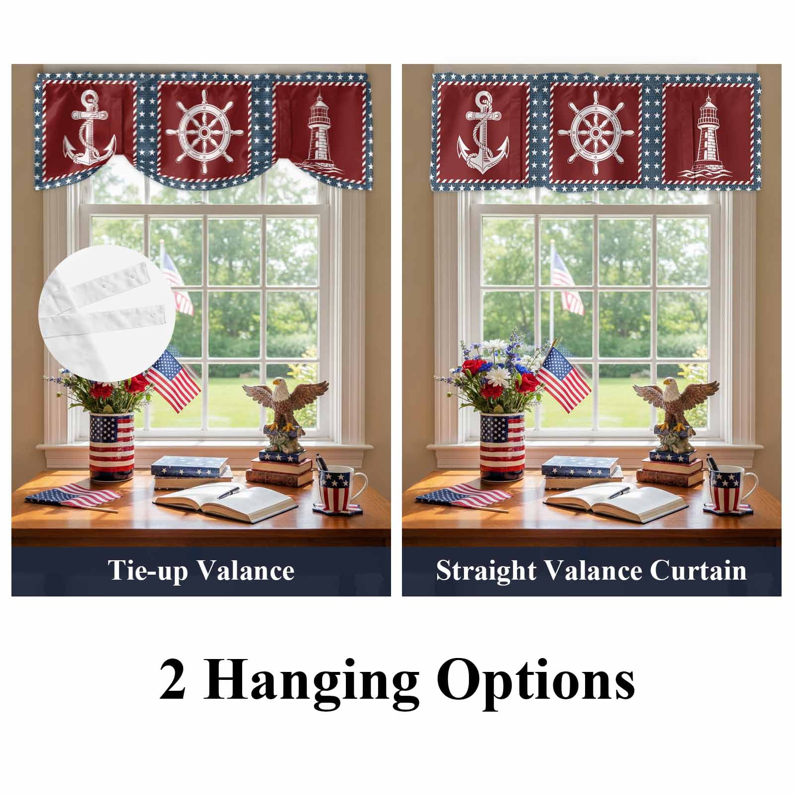 Independence Day Tie Up Valances Curtain, Adjustable Kitchen America Flag Star Ocean Lighthouse Anchor Rudder Valances for Windows Decor, Rod Pocket Short Curtains Set for Bedroom/Bathroom, 54"x18"