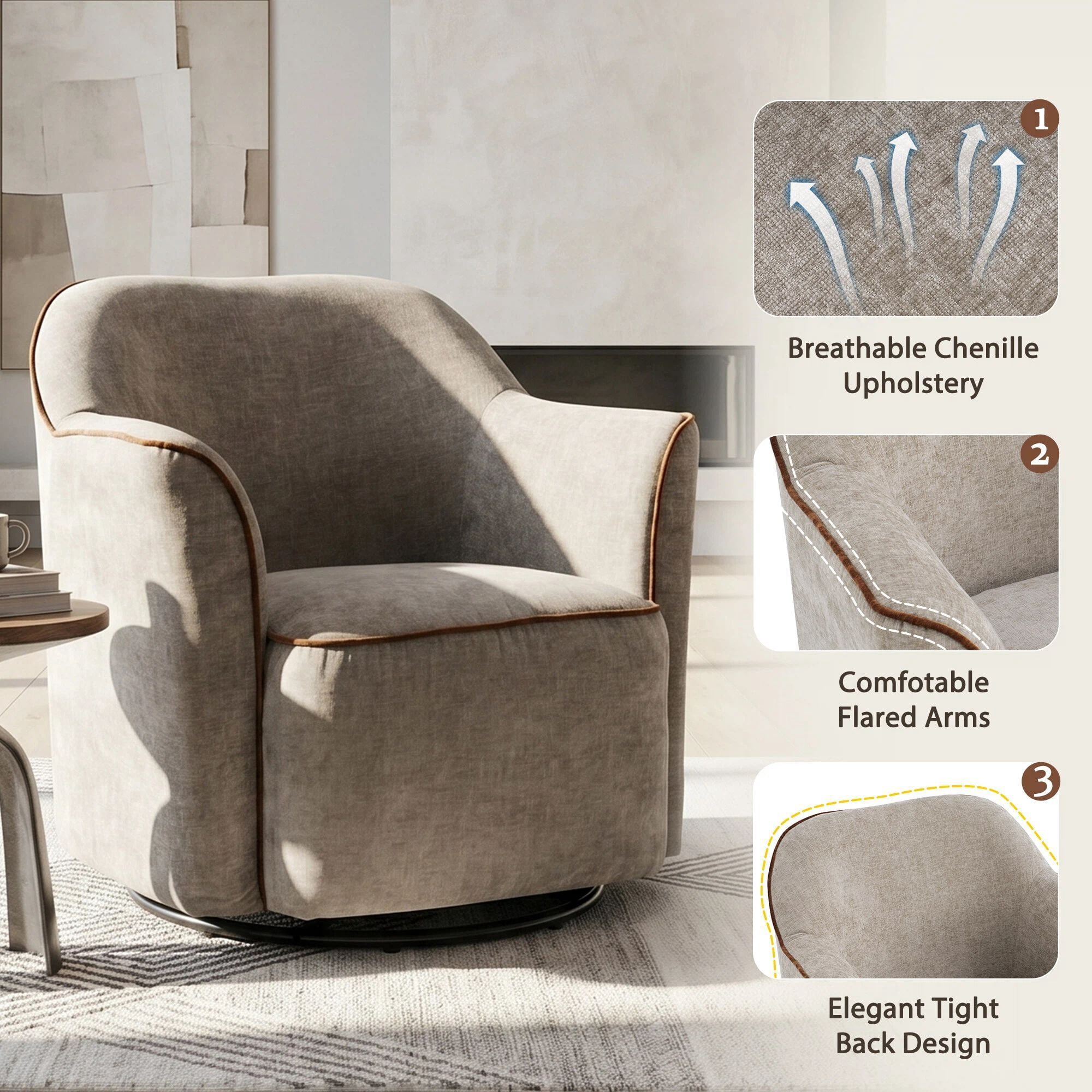 Euroco 360° Swivel Accent Chair, Chenille Upholstered Barrel Chair with Flared Arms, Modern Reading Armchair for Living Room, Bedroom and Office,Grey