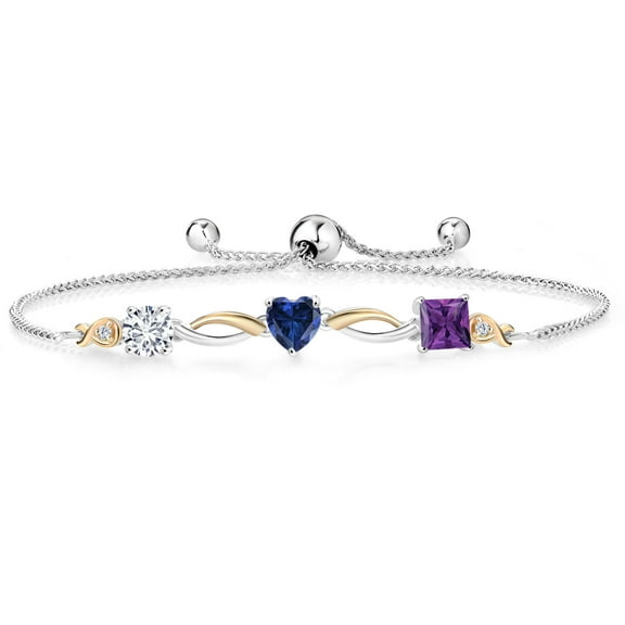 Gem Stone King 925 Silver and 10K Yellow Gold Blue Created Sapphire Purple Amethyst and Lab Grown Diamond Tennis Bracelet for Women By Keren Hanan (1.95 cttw, Adjustable up To 9 inch)