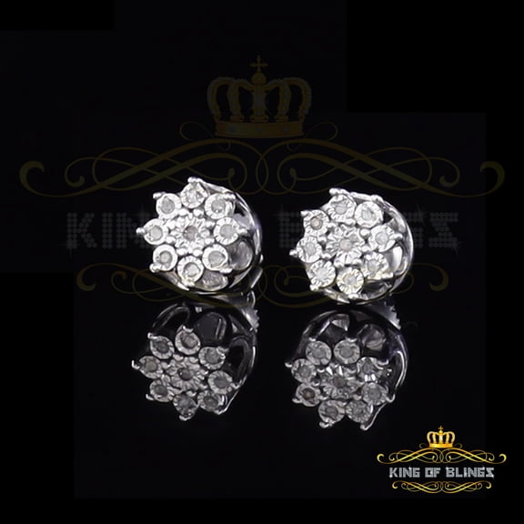 King of Bling's 0.05ct Diamond 925 Sterling Silver White For Men's & Women's Floral Earrings