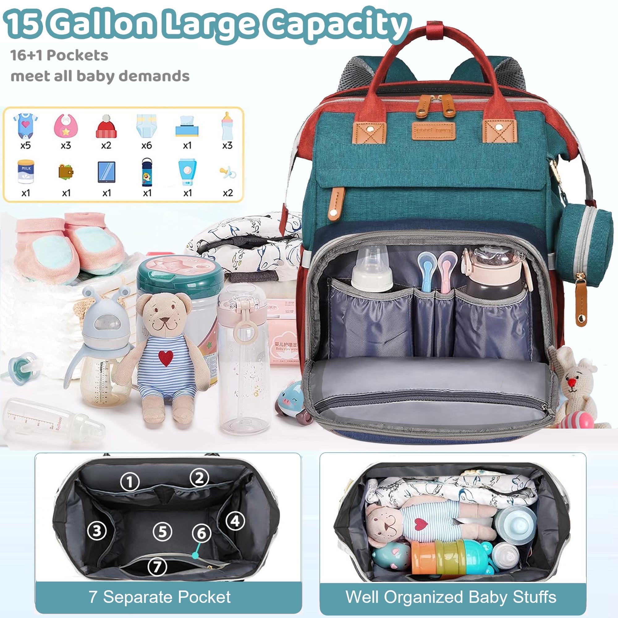 Morfone Diaper Bag Backpack with Changing Station, WaterproofLarge Capacity Baby Bag with USB Charging Port & Pacifier Case - Unisex, Colorful