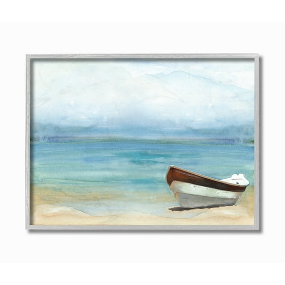 Stupell Industries Lake Boat Landscape Blue Green Watercolor Painting Framed Wall Art by Main Line Studio