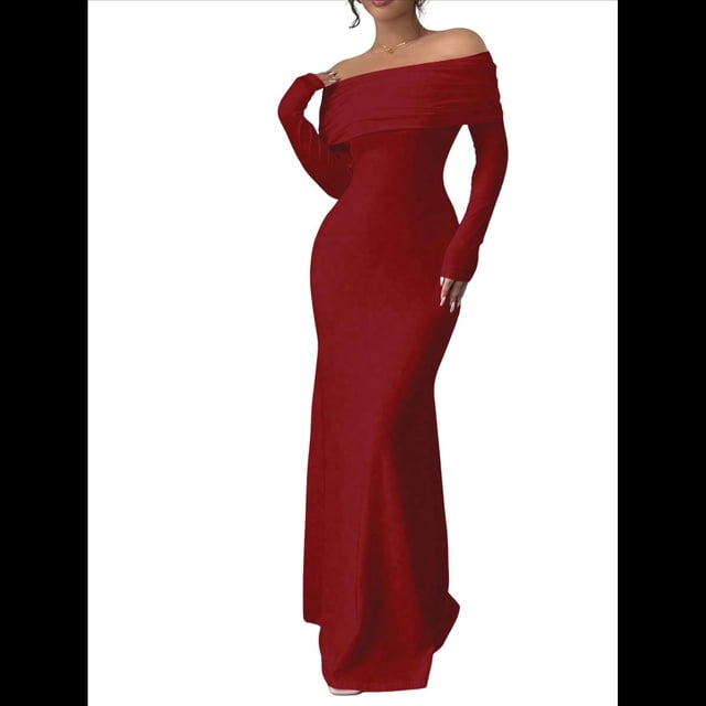 Vestido Ajustado de Larga con Hombros Descubiertos para Mujer, Elegante Vestido para Cóctel o Fiesta Vino Tinto XXL