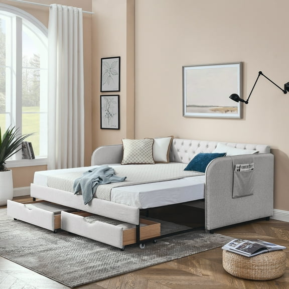 Elegant Mid-Century Daybed with Trundle and Storage Drawers, Twin to King Convertible Design, Button Tufted Backrest, Ideal for Guest Rooms or Living Rooms,Beige