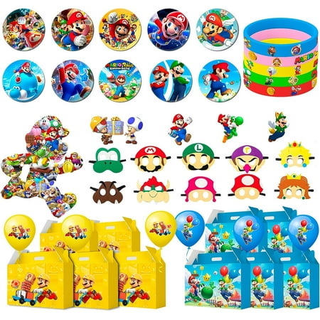 Super Mario Party Favors,100pcs Mario Bros Party Favors Packs - Mario Masks Kids Party Boxes Badge Wristband Masks & Super Mario Balloons Sticker etc Mario Themed Party Favors for Boys Kids