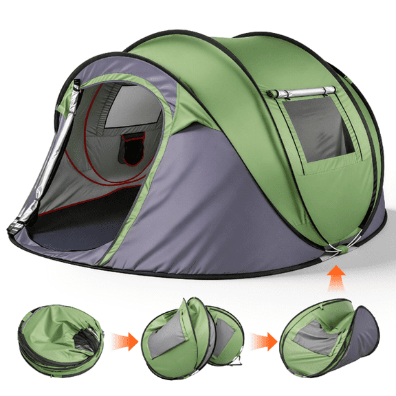 COTINSE Instant Pop Up Camping Tent, 4 Person Waterproof Family Tent with Front Awning, Dual Mesh Doors, Storage Pockets and Carry Bag for Camping, Traveling, Green