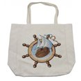 thumbnail image 1 of Ships Wheel Shopping Bag, Image of Ship Is in Framing of Steering Wheel Adventure Nautical Theme Art, Eco-Friendly Reusable Bag for Groceries Beach and More, 15.5" X 14.5", Cream, by Ambesonne, 1 of 2