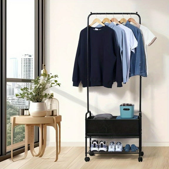 3-in-1 Rolling Laundry Cart with Clothes Rack & Storage Basket, Heavy-Duty Metal Hamper with Wheels