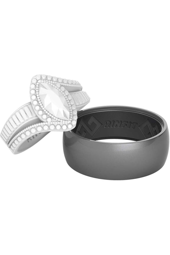 Silicone Rings for Women & Men - Rubber Wedding Bands for Couples - Inner Step Edge & Diamond Marquise - Gunmetal Gray & White