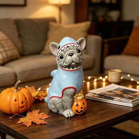 Halloween French Bulldog Figurine,7.87" Resin Dog Statue in Shark Costume, Puppy Sculpture with Pumpkin Bucket, Decorative Tabletop Ornament for Fall Holiday Mantel Shelf Indoor Outdoor Home Decor
