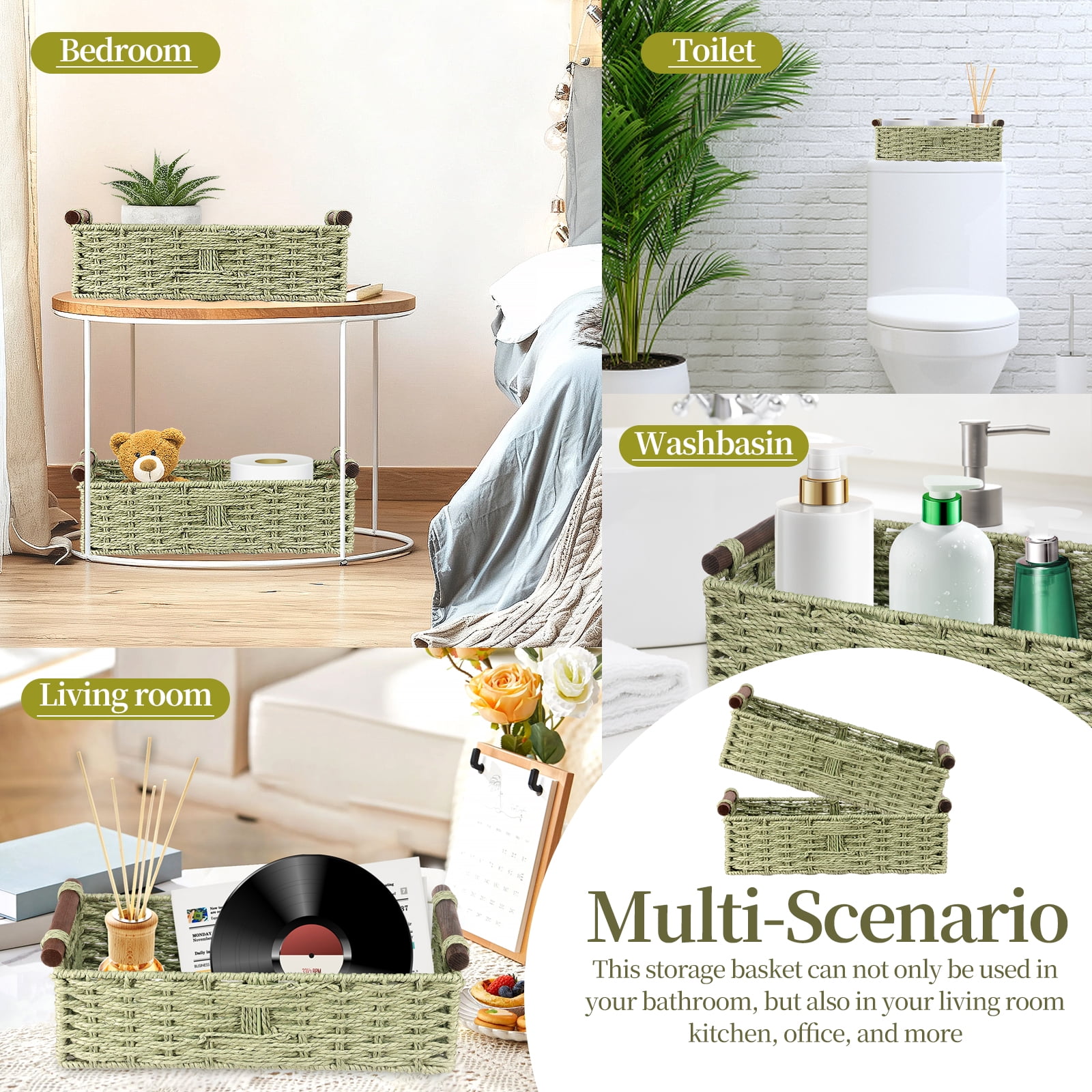 Dznils Wicker Toilet Paper Storage Basket with Handle, Bathroom Towel Organizer, Green, Set of 2