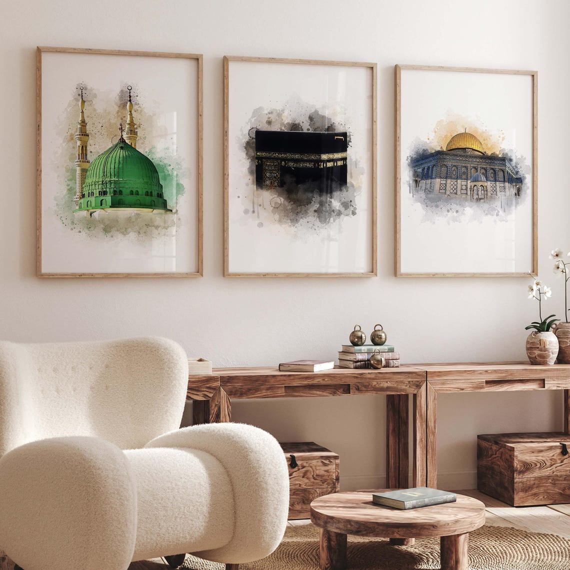 3x Islamic Art Poster Set Islam Poster Islamic Wall Art Kaaba Masjid Nabawi Al Aqsa Mosque Wall Decoration Pictures Living Room Set 3