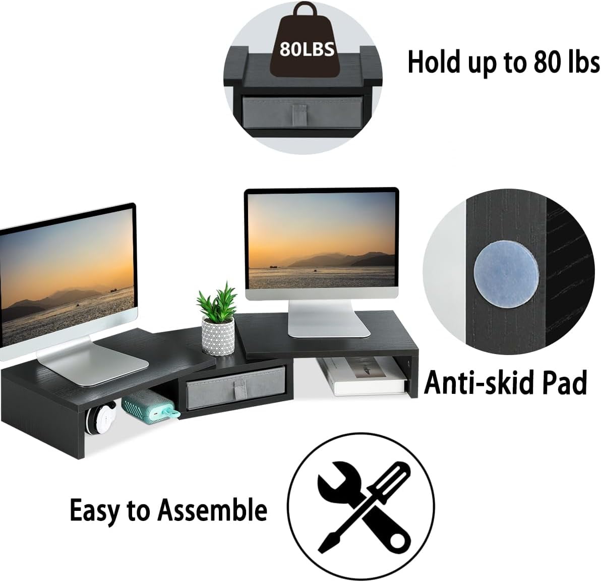 Dual Monitor Stand Riser with Drawer - Length and Angle Adjustable Double Monitor Riser Corner Desk Shelf Organizer 37 inch Long Monitor Riser for 2 Monitors/Laptop/PC/Screen/TV