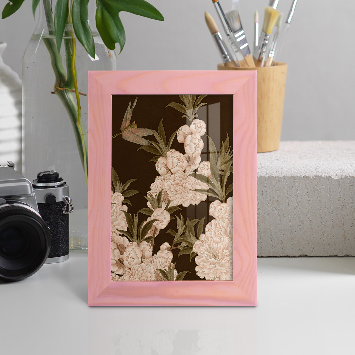 Asian Brocade III - Framed Print w/glass - Sunset Pink