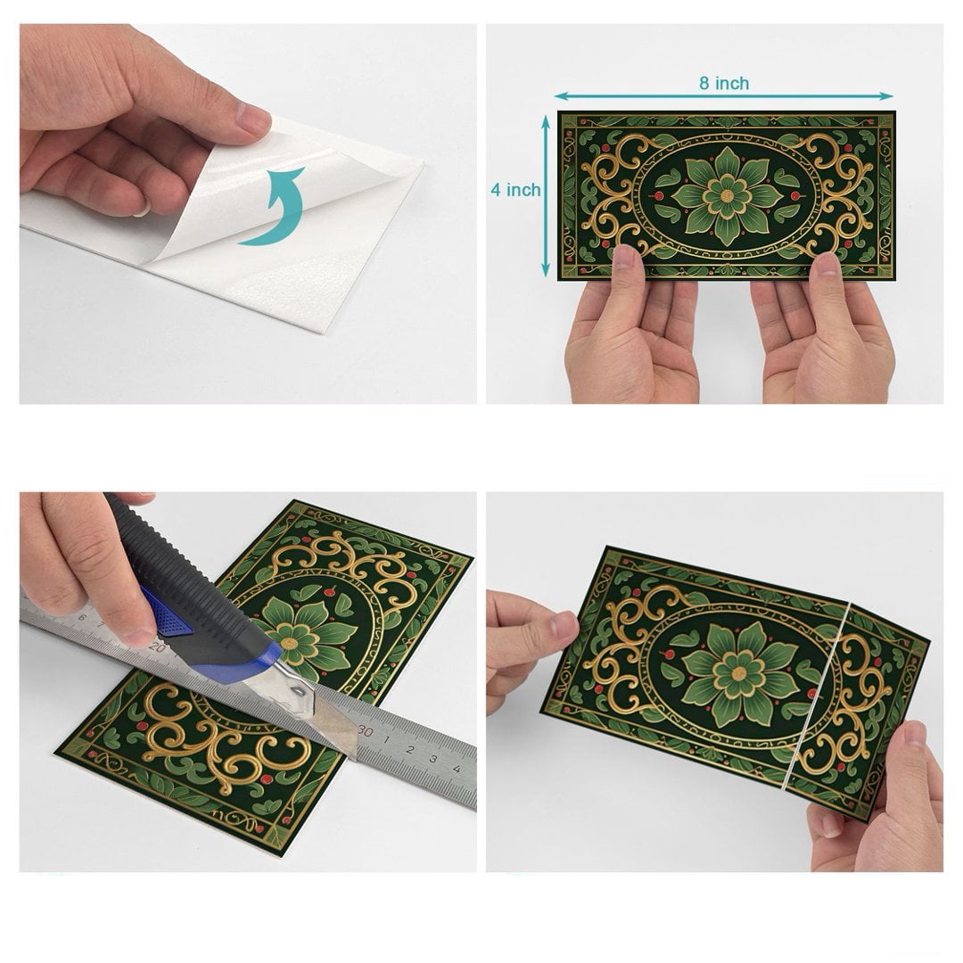 16Pcs Foaming Board Vinyl Tiles Stickers Wall Decals 8" x 4" Green Gold Flowers Pattern Waterproof Peel and Stick Backsplash Mural
