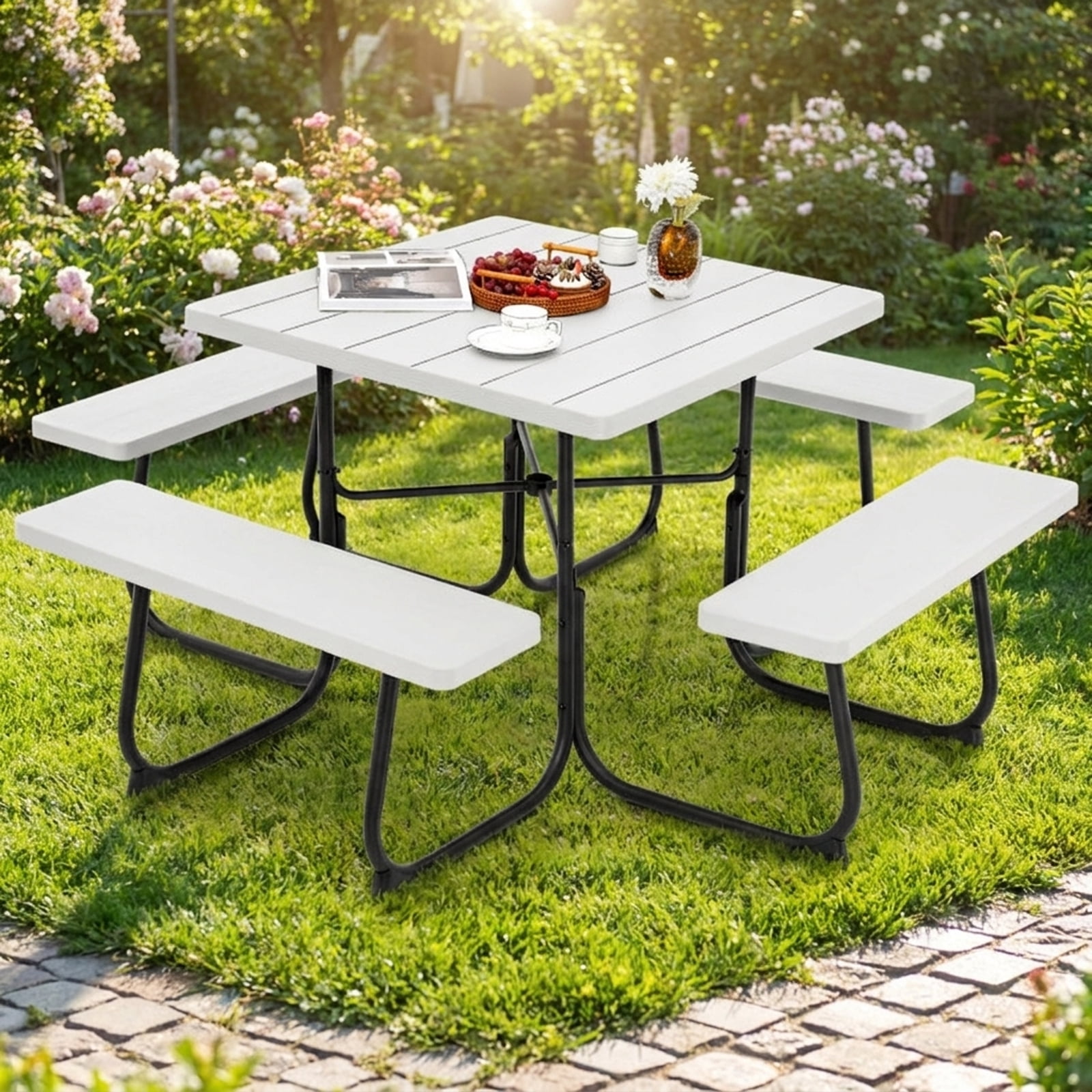Biotree Outdoor Picnic Table with 4 Benches and Umbrella Hole 67-Inch Round Metal and HDPE Patio Table for Backyard Garden and Deck, White