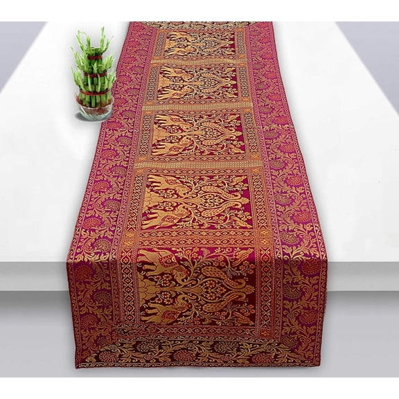 SSLHP Pink And Gold Table Runner Vintage Brocade Silk Elephant Runner For Dinning Deco 16x60 inch
