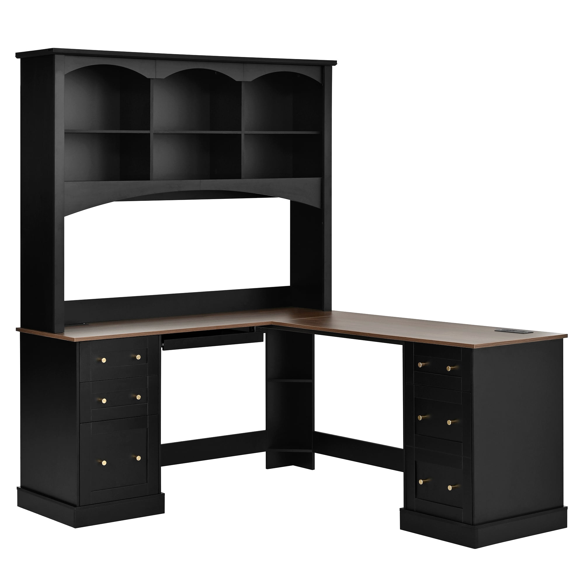 L Shaped Corner Computer Desk,Rustic Home Office Desk with Keyboard Tray & Charging Stations, All-in-One Home Office Desk with Arched Hutch for Bedroom,Black