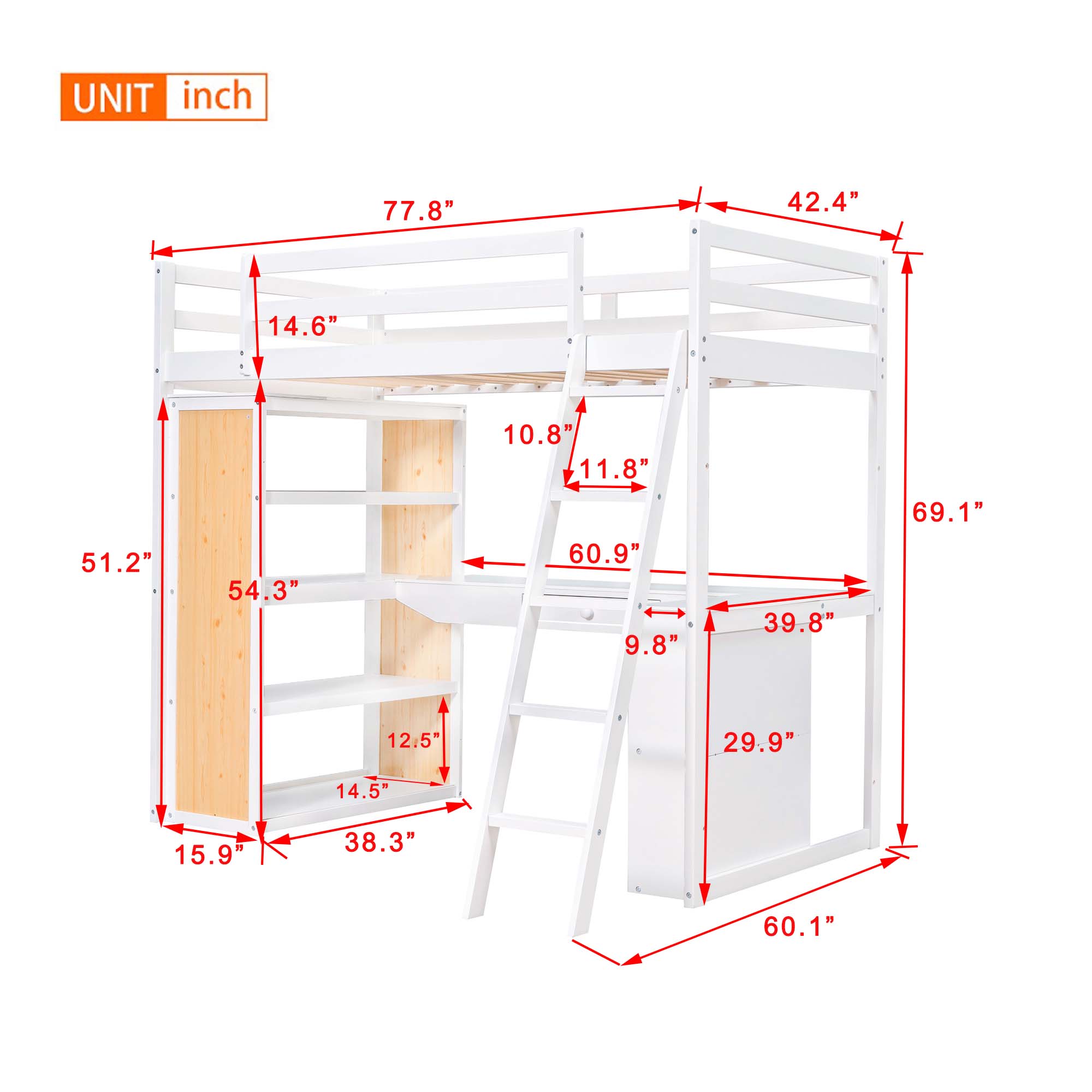 Aukfa Twin Loft Bed with Desk and Storage Shelves, Wood Loft Bed with Drawer for Kids, Teens - White