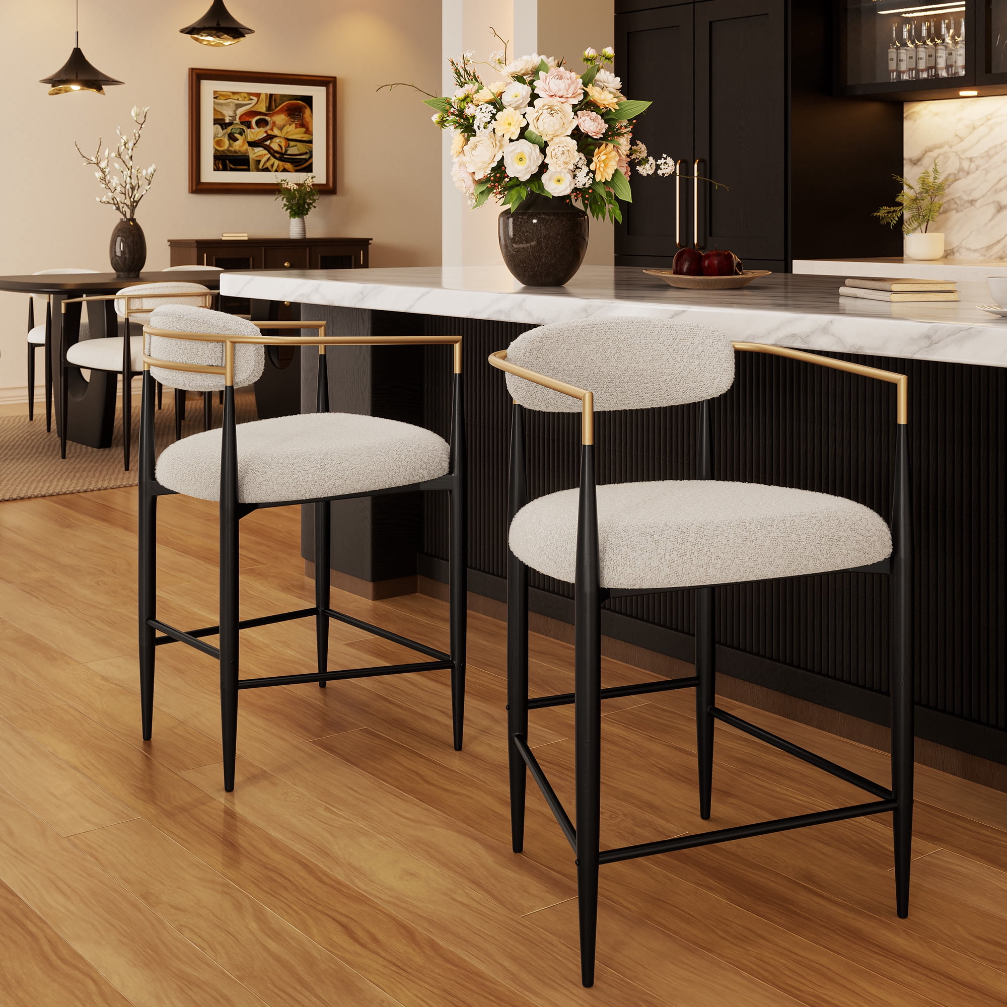 Morden Fort Counter Height Bar Stools Set of 2, 26" Boucle Barstools with Backrest and Metal Legs, Island Chairs for Kitchen Island, Dining Room