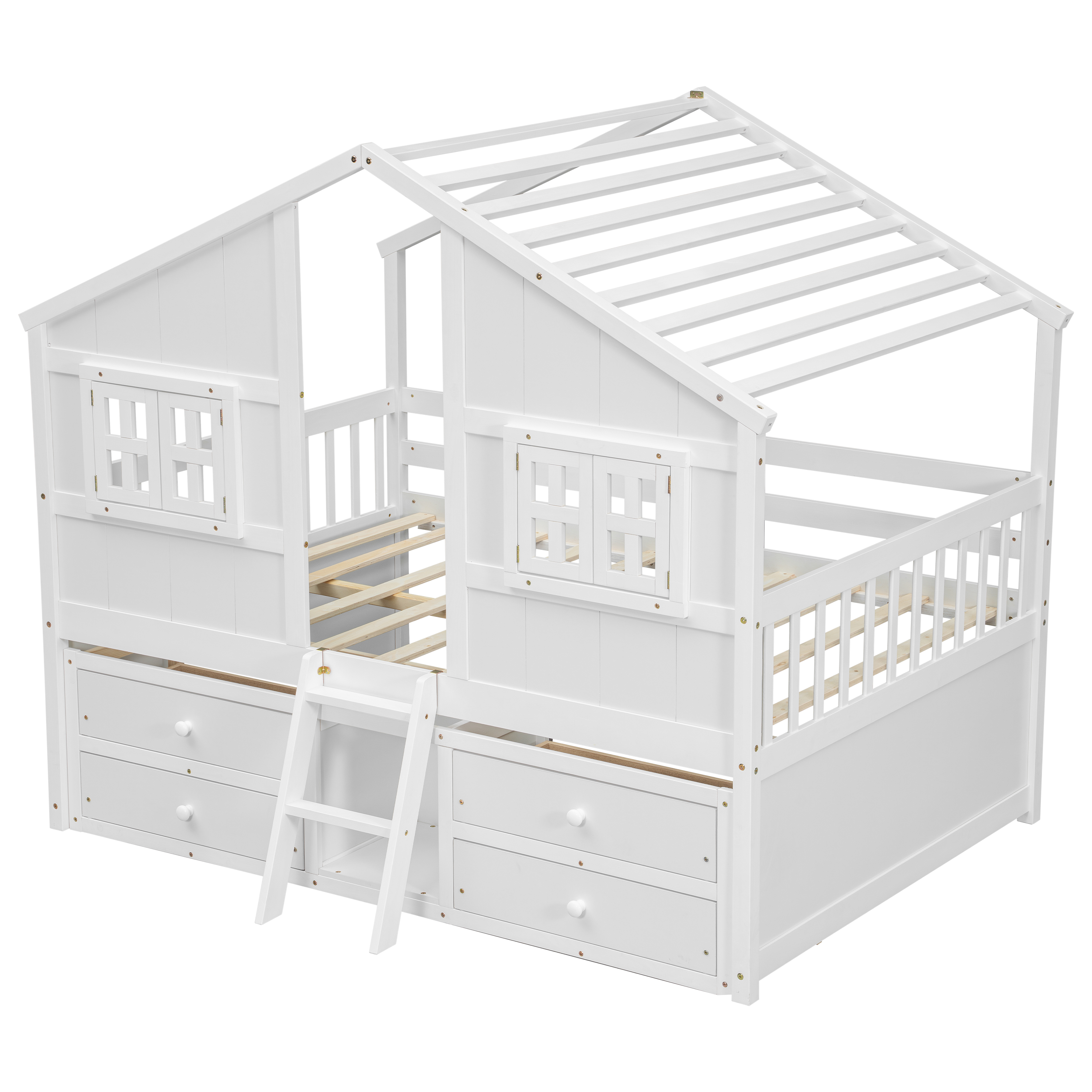 Aukfa Full Size House Bed Frame with 4 Storage Drawers, Wood Low Loft Playhouse Bed with Roof and Fence for Kids, Boys, Girls, and Teens, White