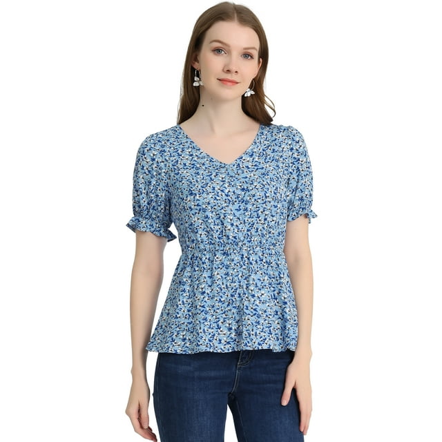 INSPIRE CHIC Women's Faux Placket Ruffle Hem Puff Sleeve Button Decor Peplum Top