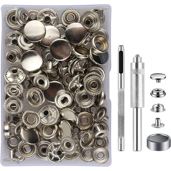 32 Sets Press Studs Cap Button, Stainless Steel Snap Fasteners Kit with Hand Fixing Tools, Instant Metal Buttons No-Sew Clips Snap for Bags, Jeans, Clothes, Fabric, Leather Craft(Silver)