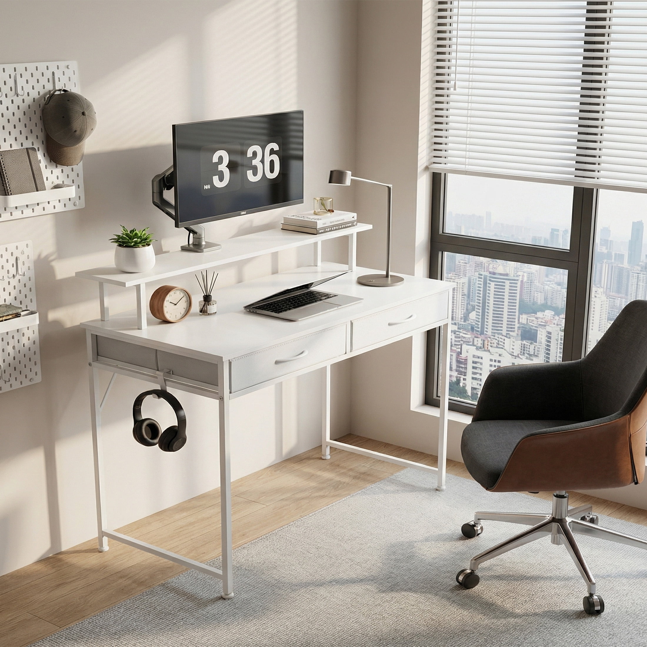 edx 40" Computer Desk with 2 Drawers & Hooks, Compact Home Office Working Table for Small Spaces, White