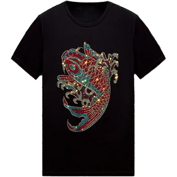 Sparkly Rhinestone Koi Fish Graphic Unisex Cotton Short Sleeve Gemstone T-Shirt