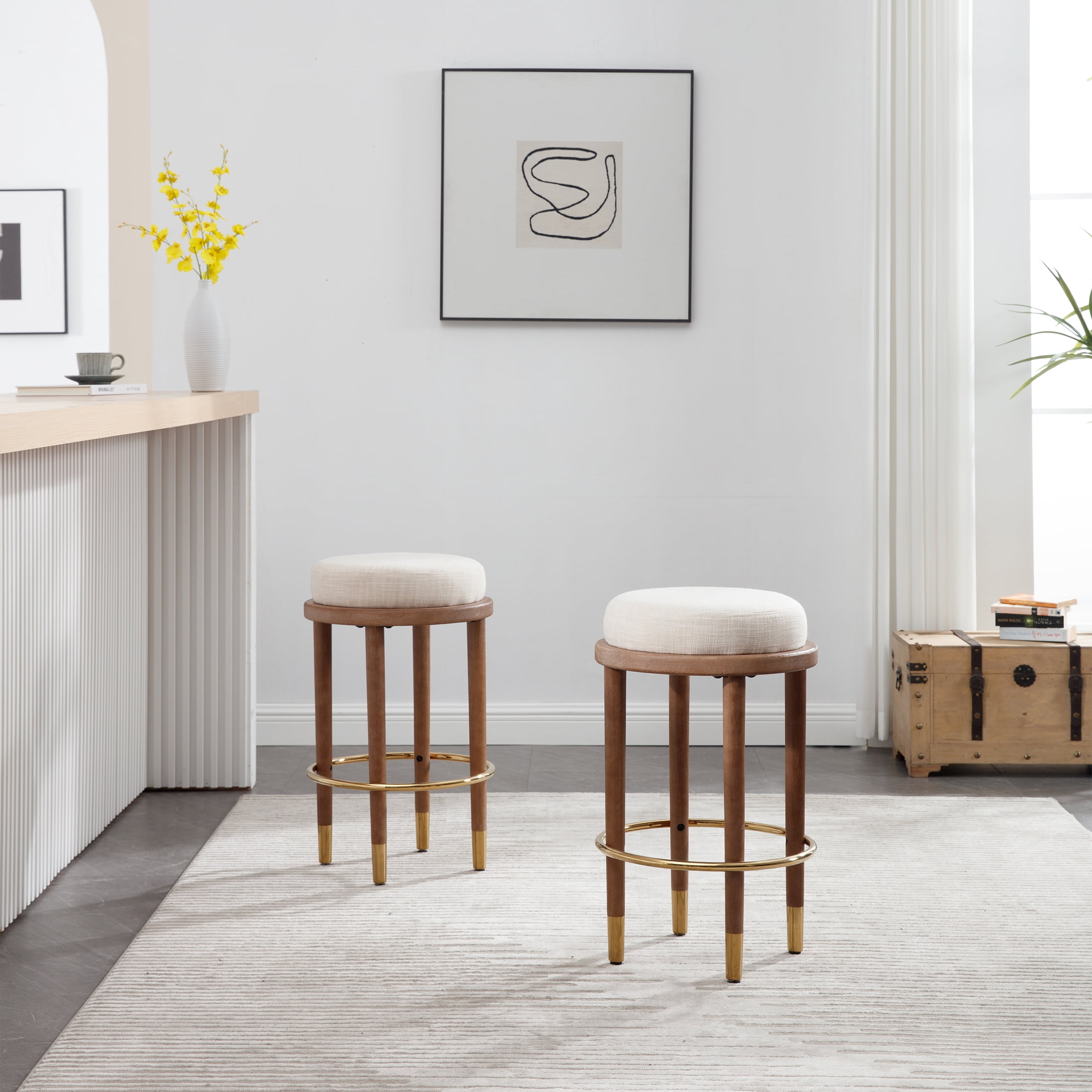 Guyou 26" Backless Counter Height Bar Stool Set of 2, Modern Round Linen Upholstered Stools, Farmhouse Wooden Kitchen Island Chairs for Restaurant Kitchen Bistro, Beige